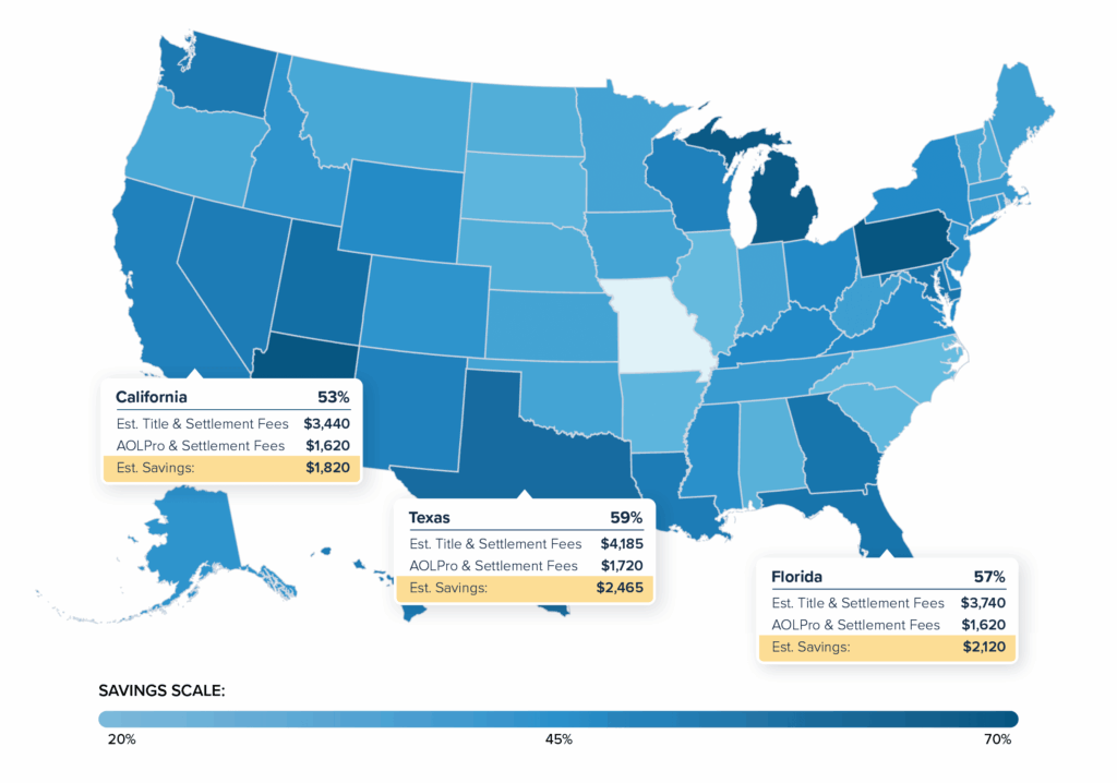 A map showing home title insurance costs by state and where AOLPro savings are highest.